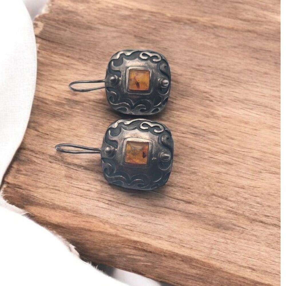 Silpada Sterling Silver Amber Drop Earrings Southwestern Artisan Old World Luxe